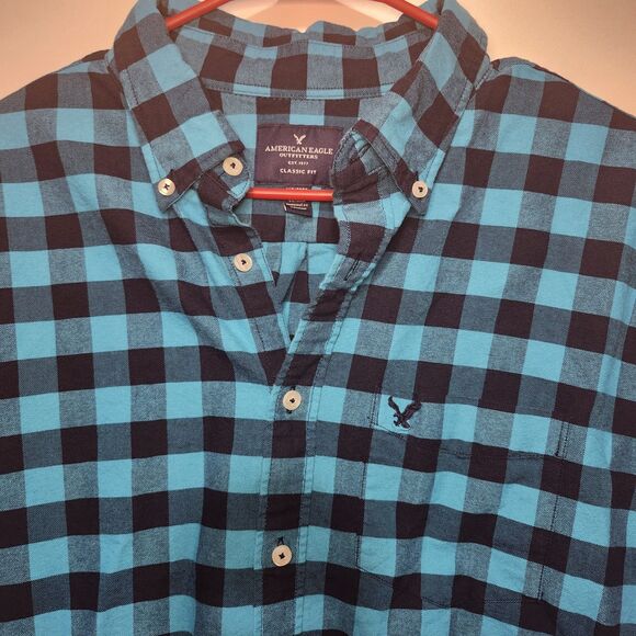 American Eagle Men’s Plaid Button Up Shirt Teal Black Long Sleeve Size XLT Tall - Picture 2 of 8